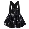 Z [Ropa de Halloween para Mujer] Suministro transfronterizo, vestido de manga larga con estampado de calabaza y cinturón de cinta, estilo retro, y una falda fluida - disponible en stock