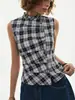 Camisa a Cuadros Bloque de Color Ins con Cuello Alto, Botones Diagonales, Fruncido Lateral, Ceñidor de Cintura, Chaleco Corto a Cuadros Ajustado para Mujer