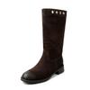 Botas de Equitação Suede Bico Redondo com Salto Grosso de 3,5cm para Mulheres 2025 Novas Botas Elegantes de Cano Médio Botas Versáteis de Cano Alto