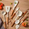 Cabo de Madeira de Acácia Espátula de Silicone Conjunto de Utensílios de Cozinha Conjunto de 7 Peças Espátula de Cozinha Resistente a Altas Temperaturas Colher de Sopa Cozinha Diária