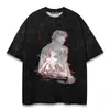 Tamanho Europeu Transfronteiriço Camiseta Masculina de Manga Curta Lavada Vintage Desenho Animado Anime Estilo Dark High Street Europeu e Americano Camiseta Curta Masculina