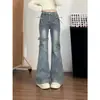 Calça jeans flare retro americana para mulheres, design primavera/verão, corte justo, modeladora, com cordão, patchwork e calças de perna reta estilo workwear