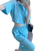 Traje de Algodón para Mujer Verano Ins Azul Lago Camiseta de Manga Corta Pantalones Leggings Cuello Polo Conjunto de Dos Piezas Estilo Ins