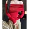 Top de punto rojo estilo francés ajustado de manga larga de un hombro para mujer, Año Nuevo Chino 2026 Otoño, Ropa interior sexy, Top sin hombros
