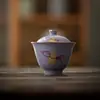 Gaiwan de Color Bloqueado Púrpura Hibisco y Rojo Bermellón de las Dinastías Tang y Song, Tazón de Té Cerámico de Calabaza Pintado a Mano con Oro Tradicional, Tazón de Té Incrustado en Oro y Plata
