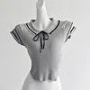 Nuevo Estilo de Verano Elegante Estilo Universitario Polo con Cuello de Solapa Ajustado Top Corto Que Resalta Tu Figura, Camiseta de Punto de Manga Corta para Mujer