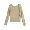 Estilo Otoño 2025 Estilo Perezoso Camiseta Fina de Manga Larga Conjunto de Dos Piezas con Chaleco Halter Top de Manga Murciélago Delgado para Mujer