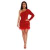 8802 Europeu e Americano Amazon outono e inverno saia de quadril ombro manga longa de um lado saia de lantejoulas pluma vestido de desejo puro