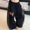 Pantalones deportivos negros estilo americano con estampado de leopardo y letras, pantalones de jazz para mujer, pantalones deportivos casuales holgados de pierna ancha curva
