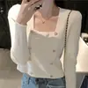Top de tricô fino de manga longa com gola quadrada para outono e inverno, design exclusivo, suéter curto para mulheres