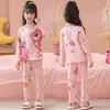 Sudeste Asiático Exportação Nova Seda de Leite Gola Redonda Manga Longa Calças Pijamas para Meninos e Meninas Conjunto de Roupas para Casa Tamanhos 8-18