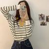 Camisa de Punto de Manga Larga con Rayas de Contraste y Cuello Polo, Suéter de Viento Perezoso de Principios de Primavera, Top Súper Bonito, Camiseta Chic para Mujer