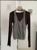KEKEZOON 2026 Outono Inicial Camiseta de Manga Longa Patchwork Xadrez de Temperamento Peça Falsa Dupla Gola Alta Gola Redonda Top Feminino 8624