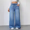 Pantalones de Pierna Ancha de Color Sólido Lavados Transfronterizos Cintura Alta Nueva Cintura Elástica Jeans para Mujer Largos Holgados Adelgazantes para Mujer
