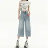 Jeans cropped de cintura alta para mulheres, verão 2026, estilo fino, emagrecimento para figuras baixinhas, cintura elástica, tamanhos grandes, calças de perna larga para mulheres plus size