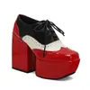 Tallas 35-48, Tacón Ultra Alto, Boca Baja, Charol, Tacón Cuadrado Zapatos de Salón para Mujer, Adecuados para Todas las Estaciones, Zapatos de Salón de Moda para Mujer con Plataforma con Cordones