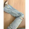 Jeans Sueltos Rectos Azules Claros Rasgados para Mujer, Verano Retro Americano de Cintura Alta Adelgazantes Tallas Grandes de Corte Estrecho Pantalones Desgastados
