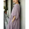 Foto Real Saia de Sarja de Algodão e Linho Literária Vestido Longo Simples Solto Retro para Férias Cor Sólida Vestido de Camada Dupla