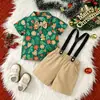 Conjunto Estilo Caballero para Niños Camisa de Manga Corta Estampado de Jengibre Navideño Tirantes Desmontables Pantalones Cortos Corbata de Moño Ropa Formal Ropa para Niños
