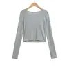 T26501-26 Verano Estilo Coreano Ajustado Gris Encaje Doble Capa Manga Larga Camiseta Capa Base Camisola Conjunto de Cárdigan