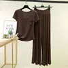 Conjunto de Duas Peças: Camiseta Modal de Gola Redonda com Bolso e Manga Curta + Calça Wide Leg de Cintura Alta com Amarração Novo Conjunto Plus Size