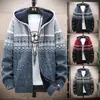 Chaqueta de punto casual con capucha estilo coreano, moda para hombre de otoño e invierno, combinación de colores, terciopelo estampado, tejido de punto engrosado