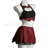 Uniforme JK escolar sensual e sexy de gola alta com blocos de cor, estilo campus puro e desejável, conjunto de minissaia plissada com renda nas costas