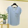 Verão estilo coreano fino para todos os jogos solto com decote em V Bolso T-shirt de manga curta para mulheres Top emagrecimento cor sólida Camisa de base tamanho grande