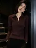 Suéter de malha com gola polo, ombros caídos, mangas compridas, toque de alta qualidade, feminino, estilo outono e inverno, moderno, justo, top base A14587