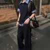 Camisa polo retro americana de dos piezas falsas para hombre, camisa de manga corta estampada estilo universitario de verano, camiseta de corte limpio con hombros normales