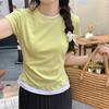 Gola Redonda Retalhos Color Block Manga Curta 2026 Verão Novo Estilo Conjunto de Duas Peças Manga Longa Cintura Franzida Ajuste ao Corpo Top Camiseta