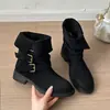 Hebilla de Cinturón Retro Botas de Montar Apiladas Estilo Western para Mujer 2026 Nuevo Otoño Adelgazantes Botas de Media Pantorrilla Tipo Caballero Botas Martin para Mujer