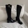 Botas altas estilo britânico coreano 2026, botas femininas retrô de salto grosso acima do joelho de perna reta