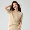 Novo Suéter Feminino de Malha Trançada Outono/Inverno 75% Cashmere 25% Seda Manga Curta Gola Redonda