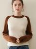 Novo Suéter de Cashmere com Barra Colorida para Mulheres Gola Redonda Solta Suéter de Cashmere com Manga Raglan Suéter Básico Tricotado Atacado