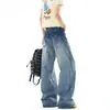 Calça jeans estilo americano com estampa de estrelas e fivela de Paris para mulheres e homens, calça larga lavada para o outono com um design elegante de corte reto
