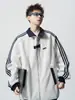 Jaqueta Esportiva Patchwork Pesada Estilo Americano para Homens, Jaqueta Externa Versátil de Marca da Moda para Casais, Jaqueta de Baseball Listrada Cool da Moda de Rua
