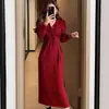 Comércio Exterior Roupas Femininas Outono/Inverno 2025 Vestido de Tricô Feminino Gola V Manga Bufante Cinto Acinturado Fenda Saia Longa Exibição Elegante