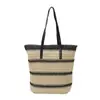 Bolso de Mano Tejido de Paja Beige con Rayas Negras Finas, Asa de PU, Gran Capacidad, Bolso de Hombro para Playa de Verano