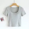 Top Quadrado de Manga Curta com Gola Redonda e Bojo no Peito Camiseta Feminina de Verão Camiseta Básica Slim-fit Roupa Íntima Slim-fit BRA-T
