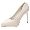 2026 Novo Modelo Salto Plataforma Impermeável Off-White para Mulheres, Salto Fino, Estilo Francês Passarela Bico Fino Raso Sapatos de Couro Envernizado