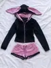 Conjunto de Sudadera Estilo Lolita Dulce Y2K con Orejas de Conejo Rosa Terciopelo Ribete de Encaje Lazo de Corazón Chaqueta Corta Pantalones Cortos