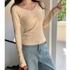 Camiseta de Manga Larga con Cuello en V y Hombro Derecho Plisado para Mujer, Nueva Prenda Básica de Principios de Primavera, Diseño de Nicho, Top de Moda