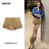 Shorts jeans ultra-curtos de cintura alta estilo "hot girl" coreana para mulheres, cor cáqui, estilo Y2K milênio de verão, modelagem justa, elástico, hot pants que moldam o quadril