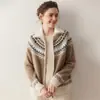 Suéter de Cashmere Feminino Pesado Outono/Inverno 2025 Manga Longa Regular 5 Agulhas 3 Fios Cardigan Fair Isle Gola Alta
