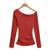 Camiseta Feminina Manga Longa Plissada de Ombro Caído Estilo Hot Girl Outono e Inverno Novo Estilo Puro Lust Sexy Ombro a Ombro Camisa Base Estilo Ocidental Top Curto