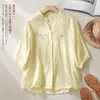 Camisa artística de gaze dupla, estilo novo verão 2026, para mães, cardigã, manga curta, modelagem solta, blusa de manga média, estilo chinês, para mulheres baixinhas
