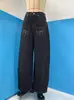 Jeans de Mezclilla Cruda de Color Oscuro Transfronterizos con Bordado Pesado, Pantalones Anchos Rectos Sueltos Estilo Americano, Pantalones Tipo Cimitarra Unisex