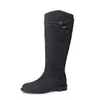 Botas de Cavaleiro com Fivela Grande de Couro Camurça Estilo Preguiçoso de Blogueira 2025 Salto Baixo Grosso Botas de Couro Genuíno