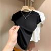 Camiseta de manga corta para mujer, blusa blanca de verano con hombros descubiertos y cuello medio alto, ajustada, básica, 2025